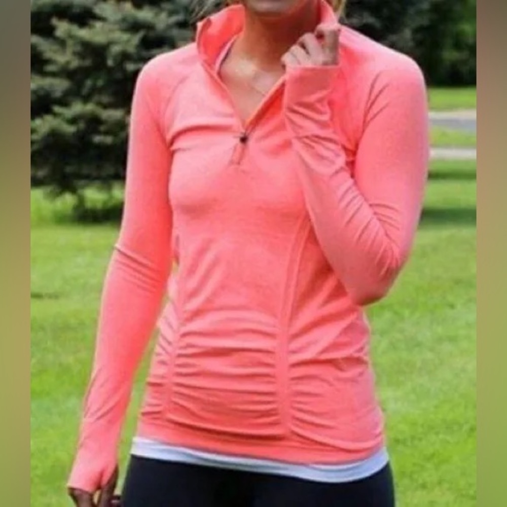 Athleta Fast Track Half Zip Coral Sizzle Ruched Long Sleeve Athletic Top XS